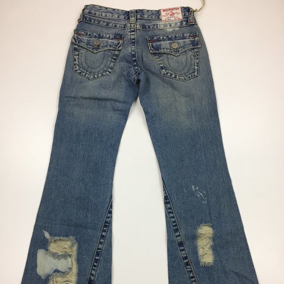 NWT TRUE RELIGION Bleach Distressed Flare Leg 5 Pocket Logo Hardware Jeans - Picture 10 of 15